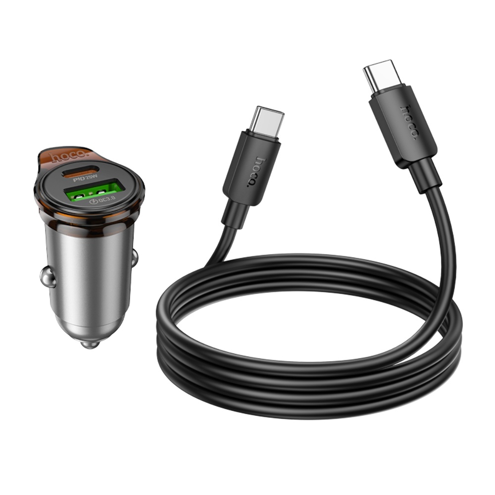 Автомобильное зарядное устройство Hoco NZ16A USB/ Type-C 43W PD QC 25W metal grey + кабель Type-C to Type-C