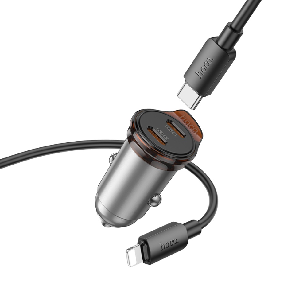 Автомобильное зарядное устройство Hoco NZ16B 2 Type-C PD 45W metal grey + кабель Type-C to Lightning