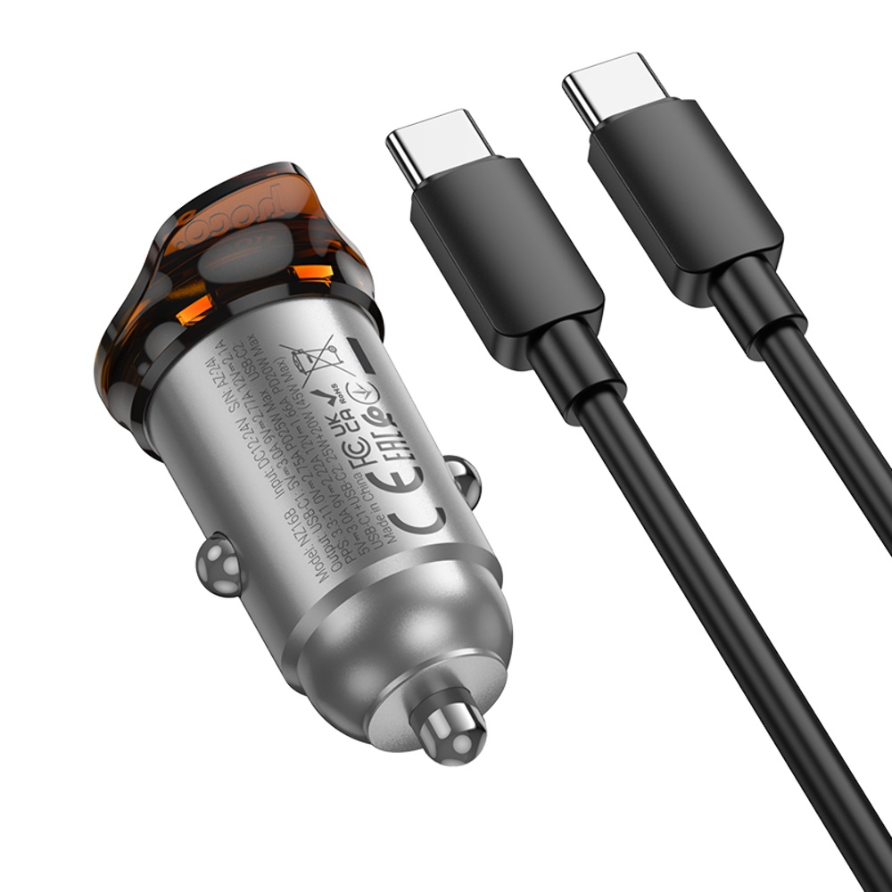 Автомобильное зарядное устройство Hoco NZ16B 2 Type-C PD 45W metal grey + кабель Type-C to Type-C