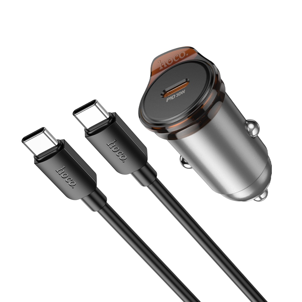 Автомобильное зарядное устройство Hoco NZ16 Type-C PD 30W metal grey + кабель Type-C to Type-C