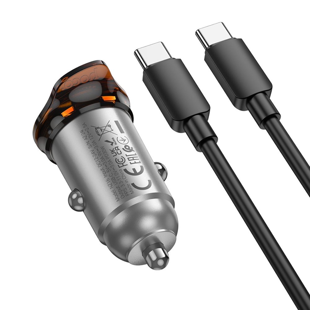 Автомобильное зарядное устройство Hoco NZ16 Type-C PD 30W metal grey + кабель Type-C to Type-C