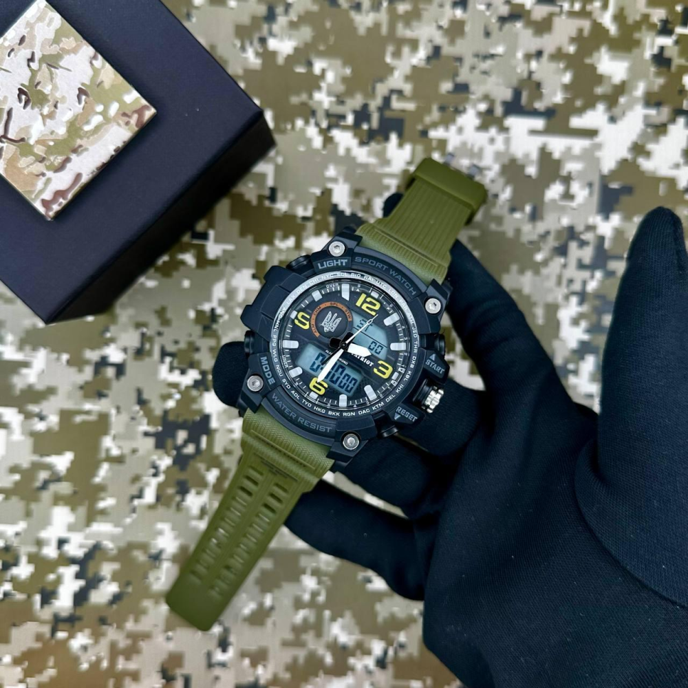 Годинник наручний Patriot 012AGUASI Тризуб срібло Чорні з зеленим + Коробка.