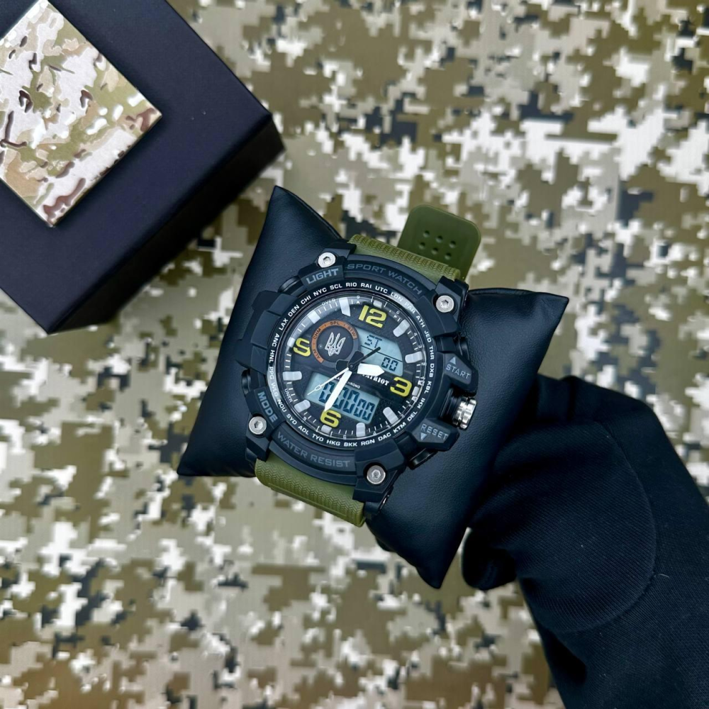 Годинник наручний Patriot 012AGUASI Тризуб срібло Чорні з зеленим + Коробка.