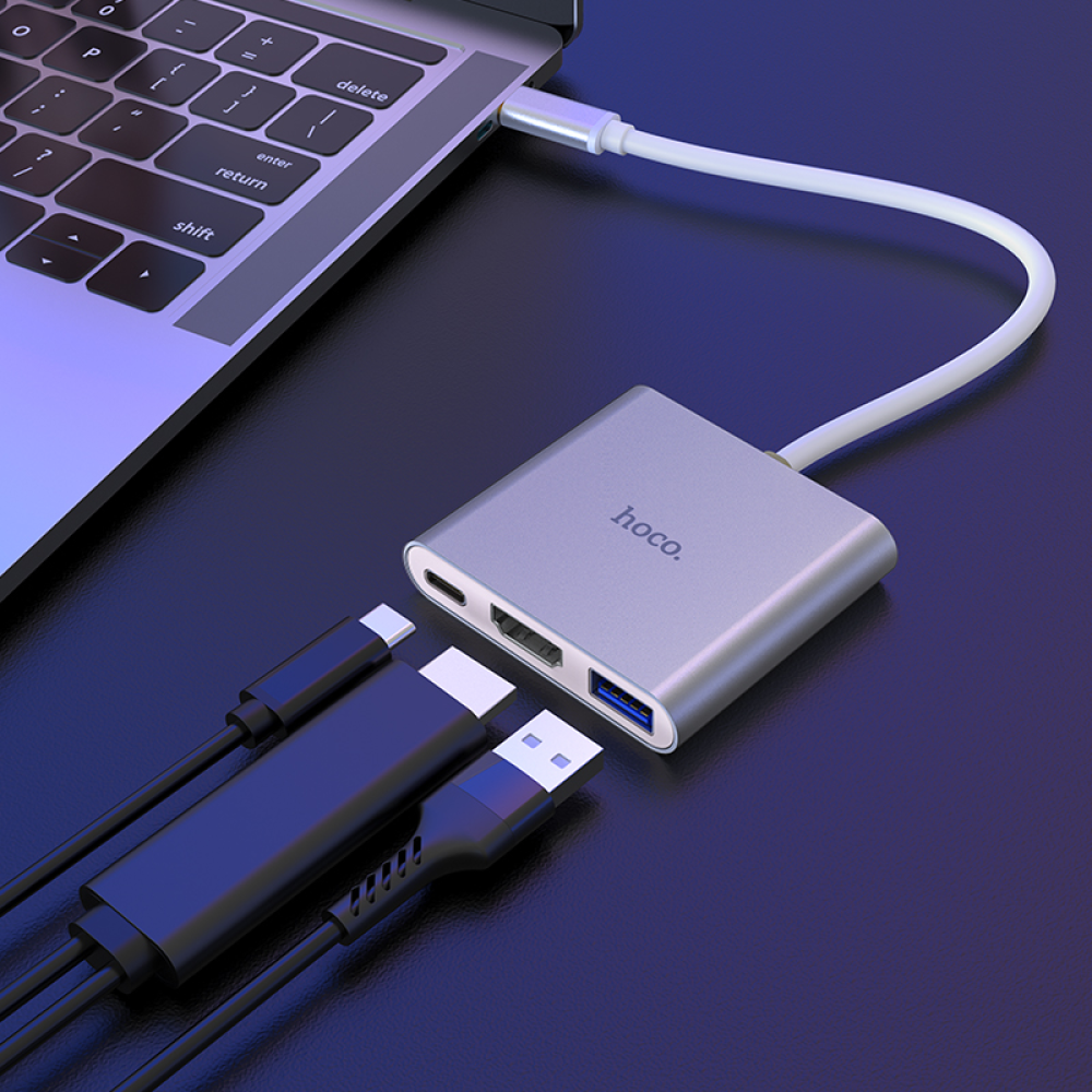 Мультиадаптер хаб Hoco HB14 Type-C to USB3.0+HDMI+PD серебристый