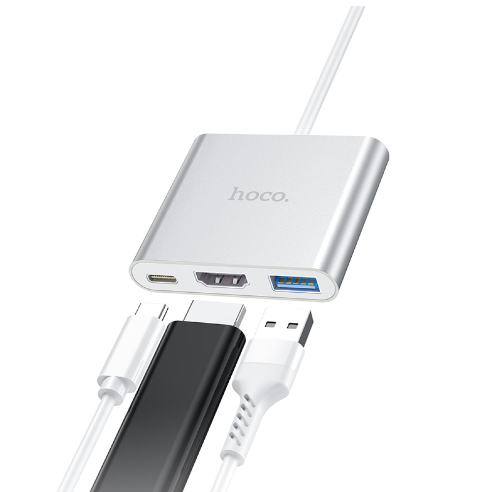 Мультиадаптер хаб Hoco HB14 Type-C to USB3.0+HDMI+PD серебристый