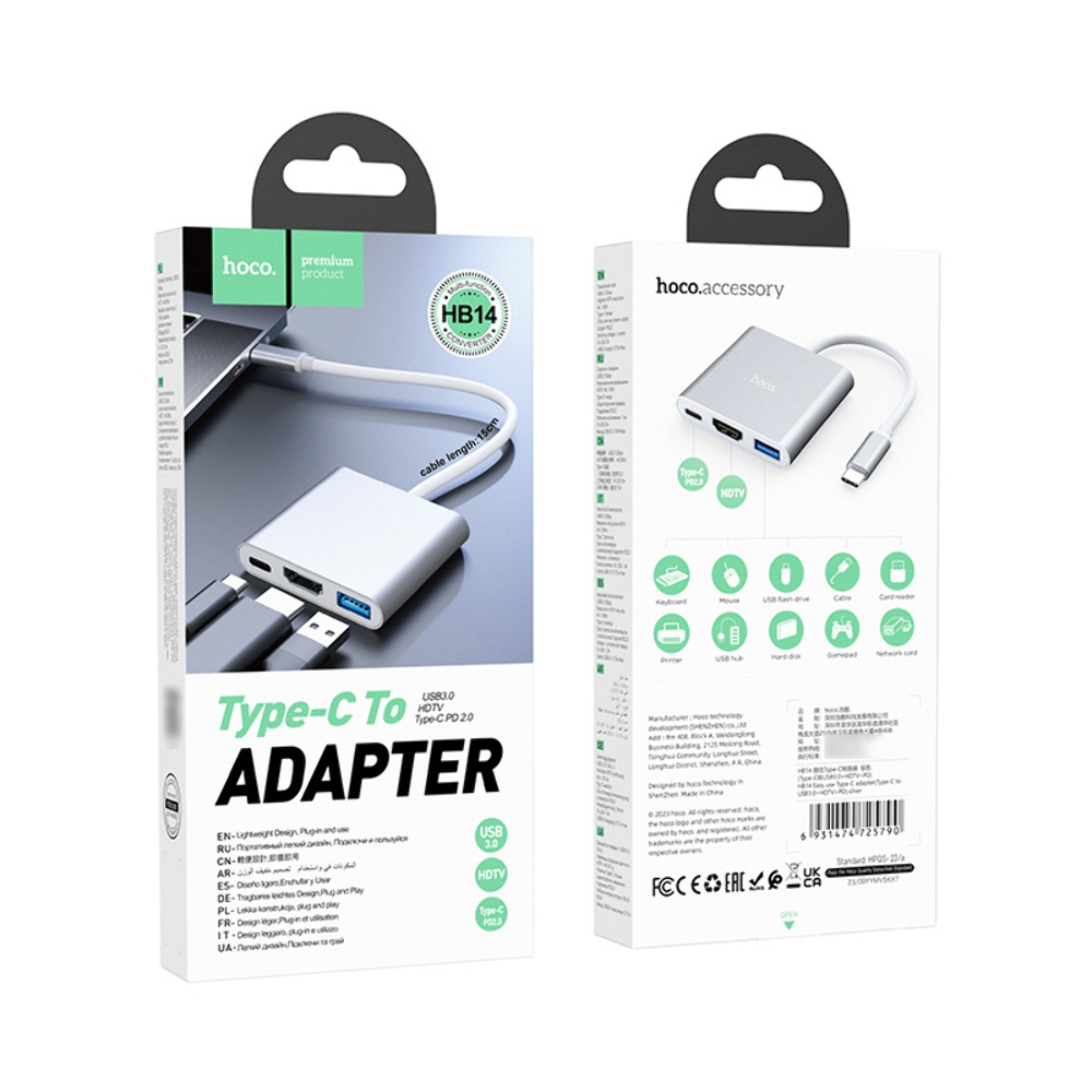 Мультиадаптер хаб Hoco HB14 Type-C to USB3.0+HDMI+PD серебристый