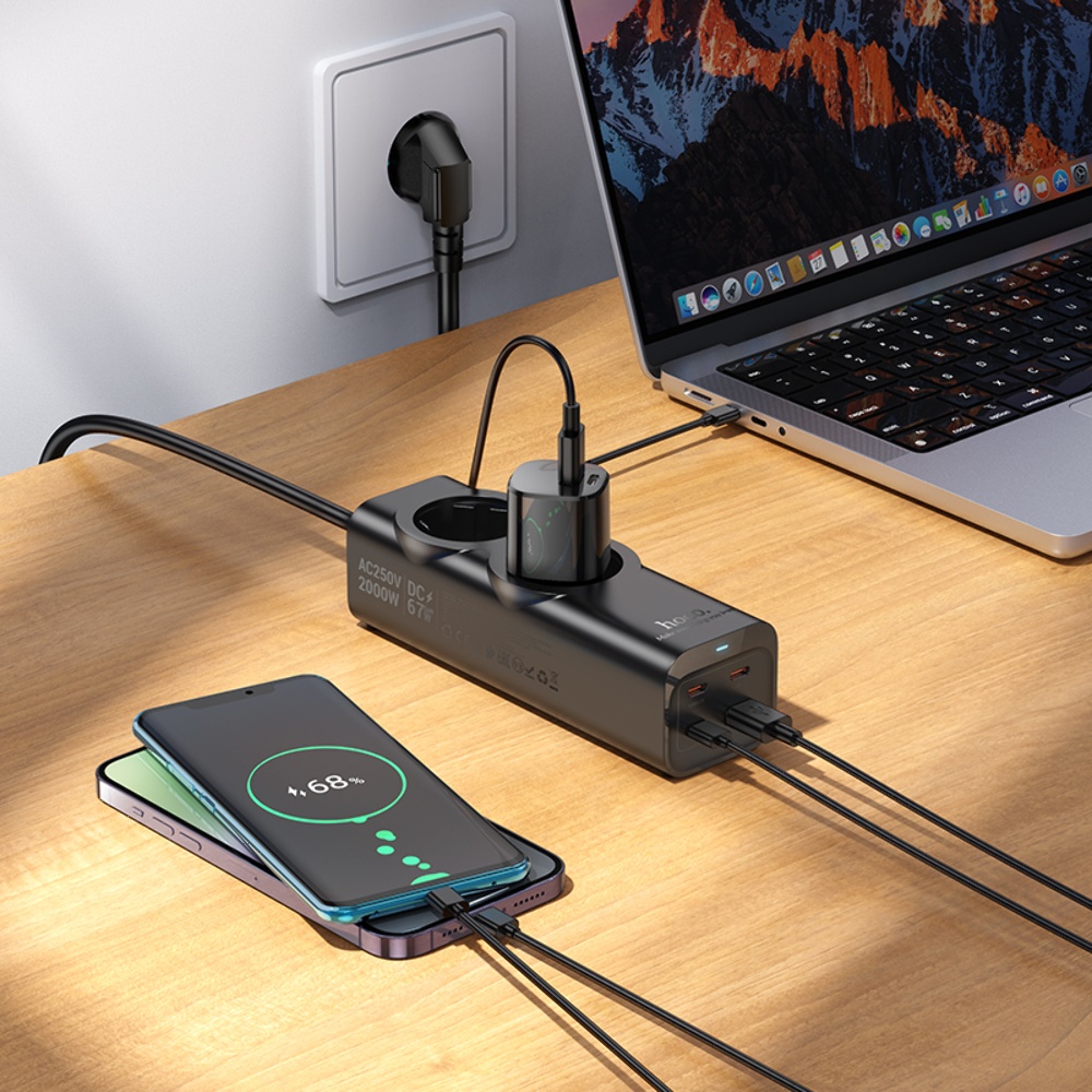 Сетевое зарядное устройство удлинитель Hoco NS10 USB/ 3 Type-C PD 67W 2 розетка 2m black
