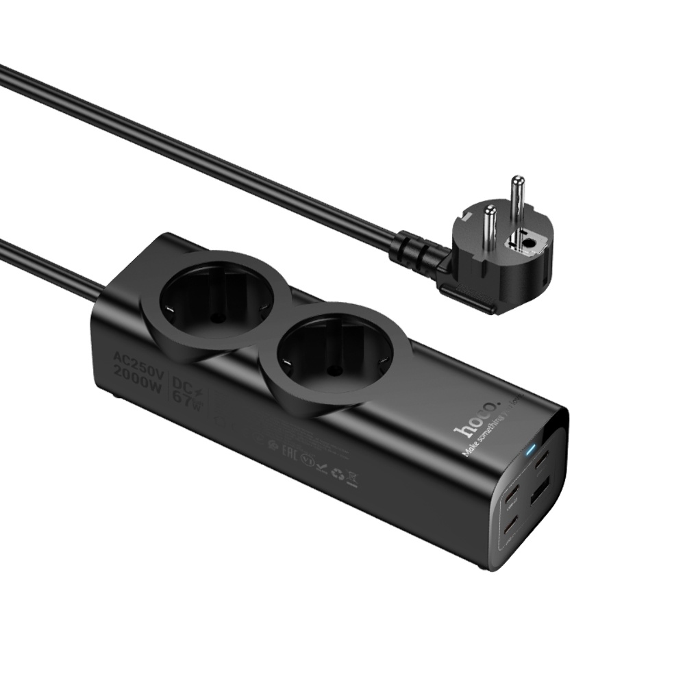 Сетевое зарядное устройство удлинитель Hoco NS10 USB/ 3 Type-C PD 67W 2 розетка 2m black