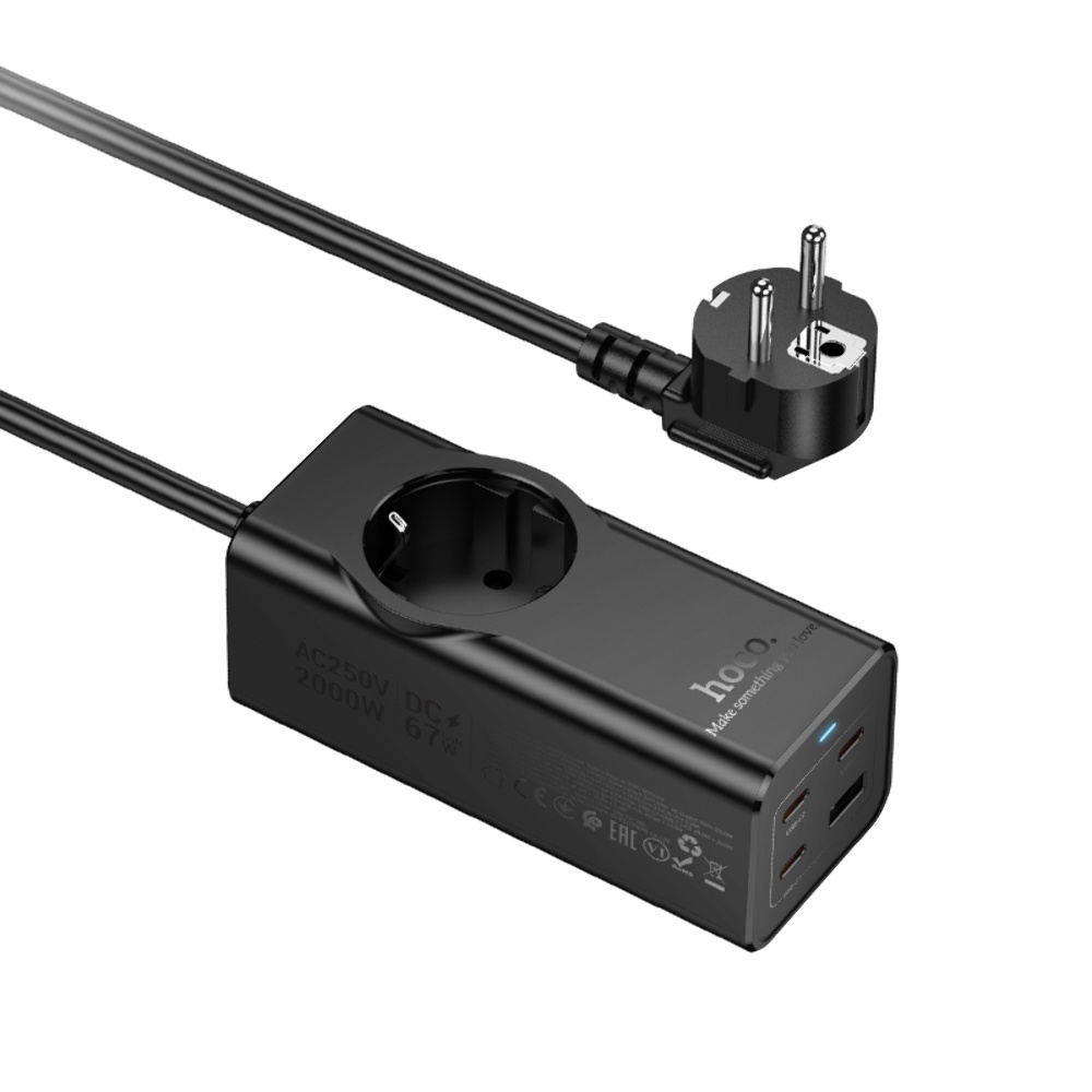Сетевое зарядное устройство удлинитель Hoco NS9 USB/ 3 Type-C PD 67W 1 розетка 2m black
