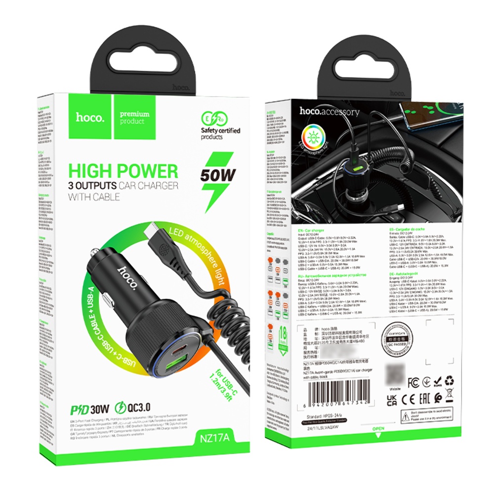 Автомобильное зарядное устройство Hoco NZ17A USB/ 2 Type-C PD 50W с кабелем Type-C black