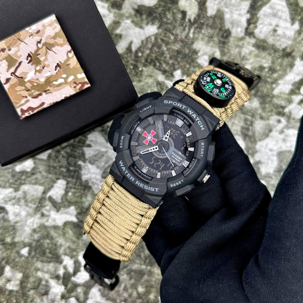 Годинник наручний Patriot 005BKSU ЗСУ Чорні Паракордовий ремінець Khaki + Коробка