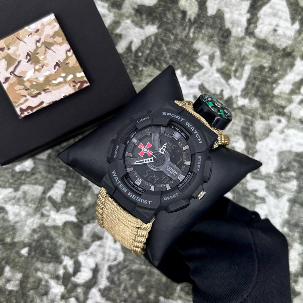 Годинник наручний Patriot 005BKSU ЗСУ Чорні Паракордовий ремінець Khaki + Коробка