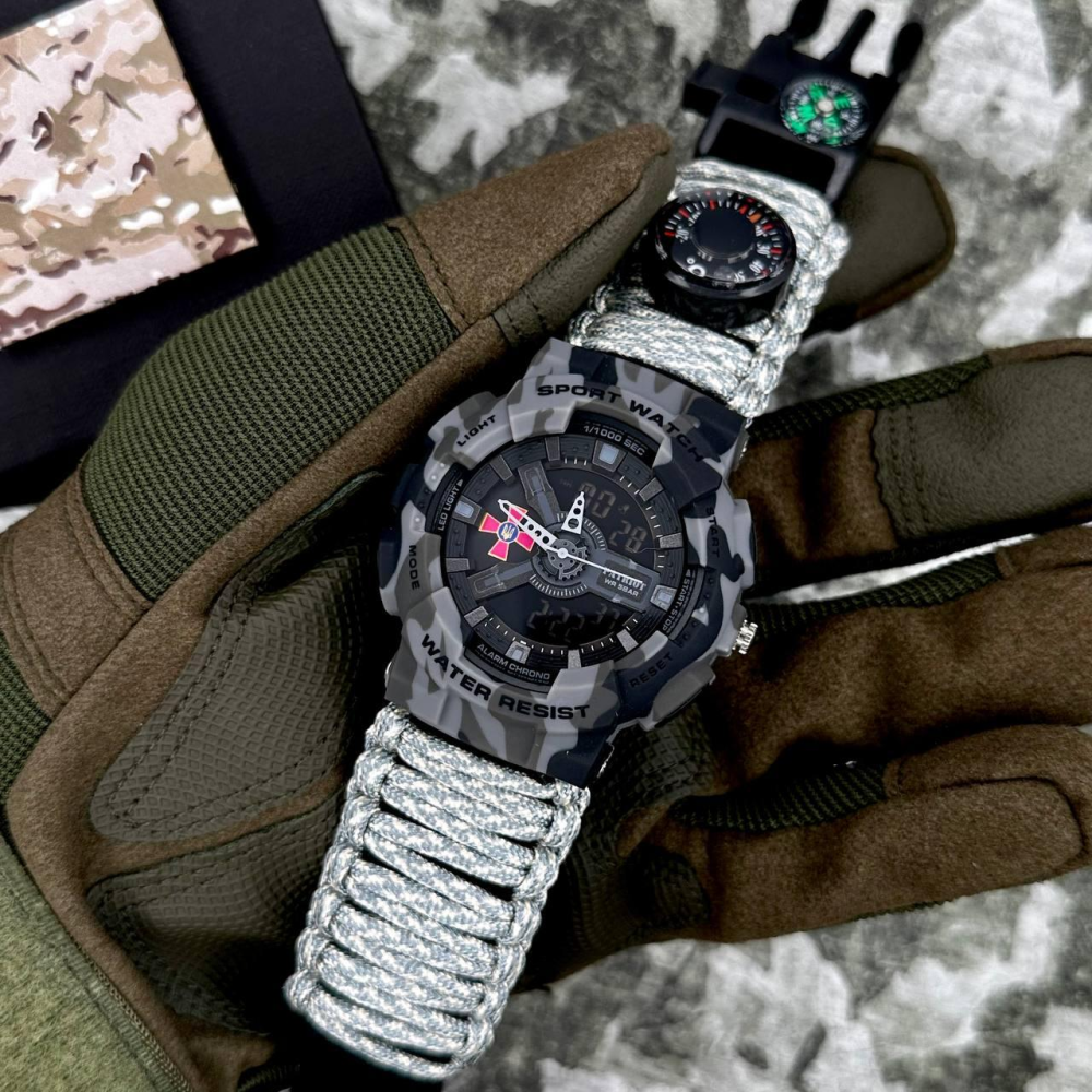 Годинник наручний Patriot 005CMGYSU ЗСУ Сірий камуфляж Паракордовий ремінець ACU + Коробка.