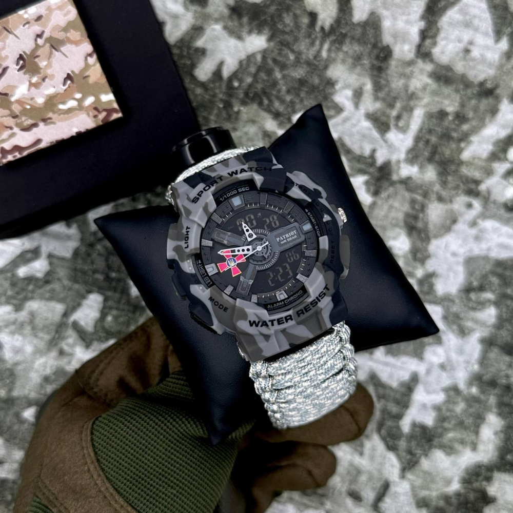 Годинник наручний Patriot 005CMGYSU ЗСУ Сірий камуфляж Паракордовий ремінець ACU + Коробка.