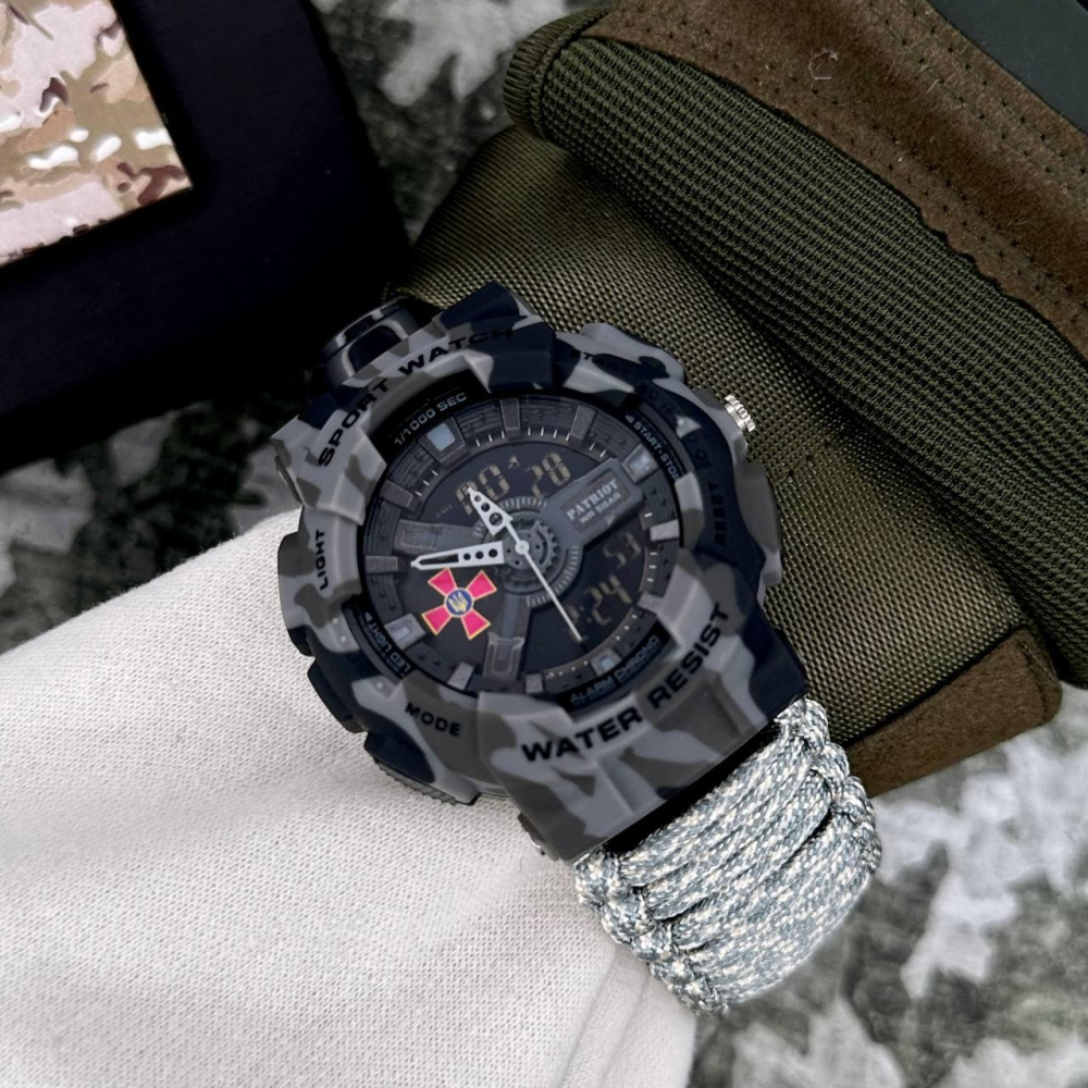 Годинник наручний Patriot 005CMGYSU ЗСУ Сірий камуфляж Паракордовий ремінець ACU + Коробка.