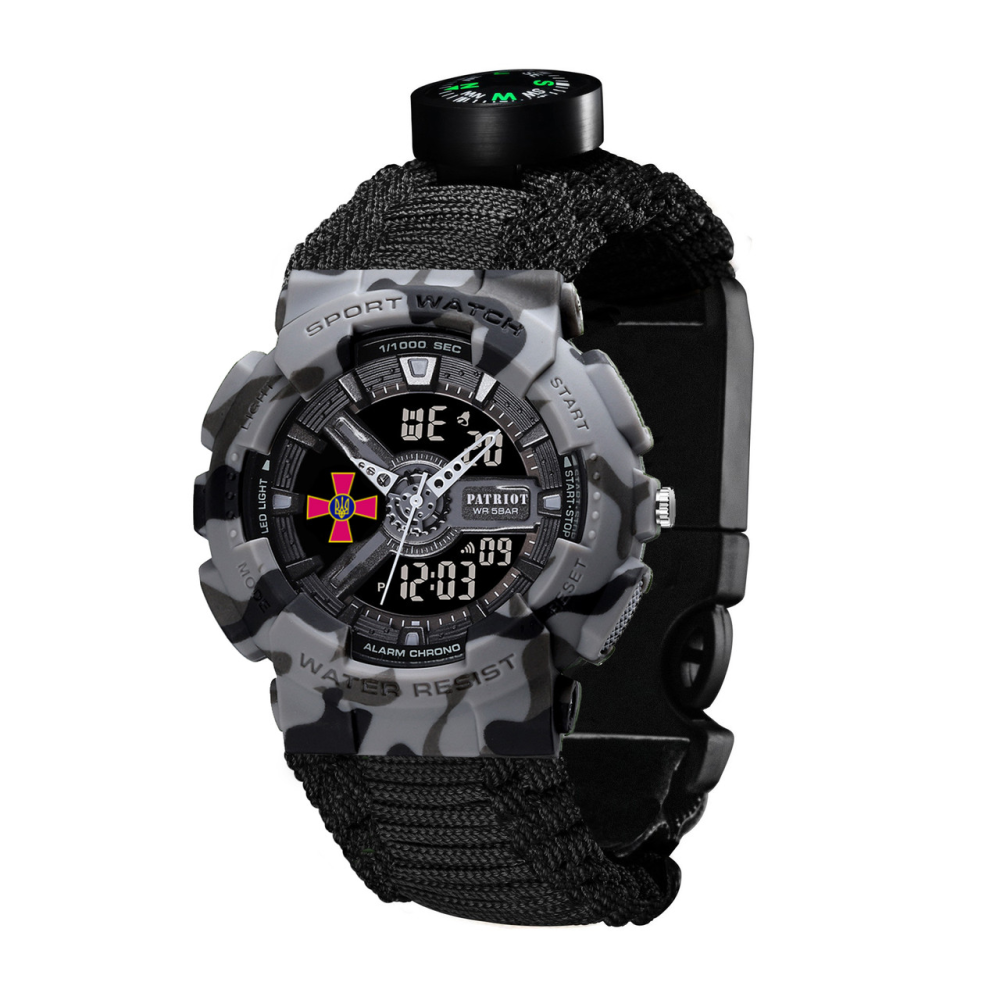 Годинник наручний Patriot 005CMGYSU ЗСУ Сірий камуфляж Паракордовий ремінець Black + Коробка