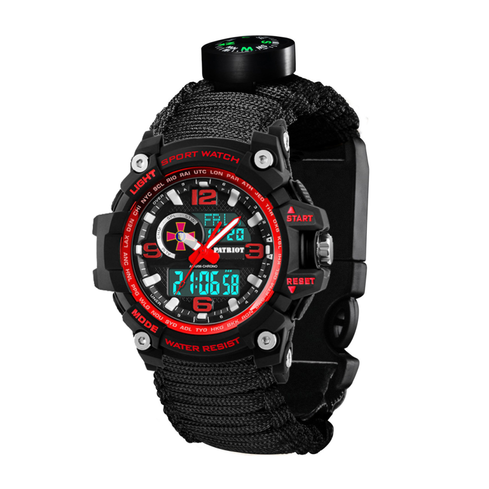 Годинник наручний Patriot 012BKRDSU ЗСУ Чорні з червоним Паракордовий ремінець Black + Коробка
