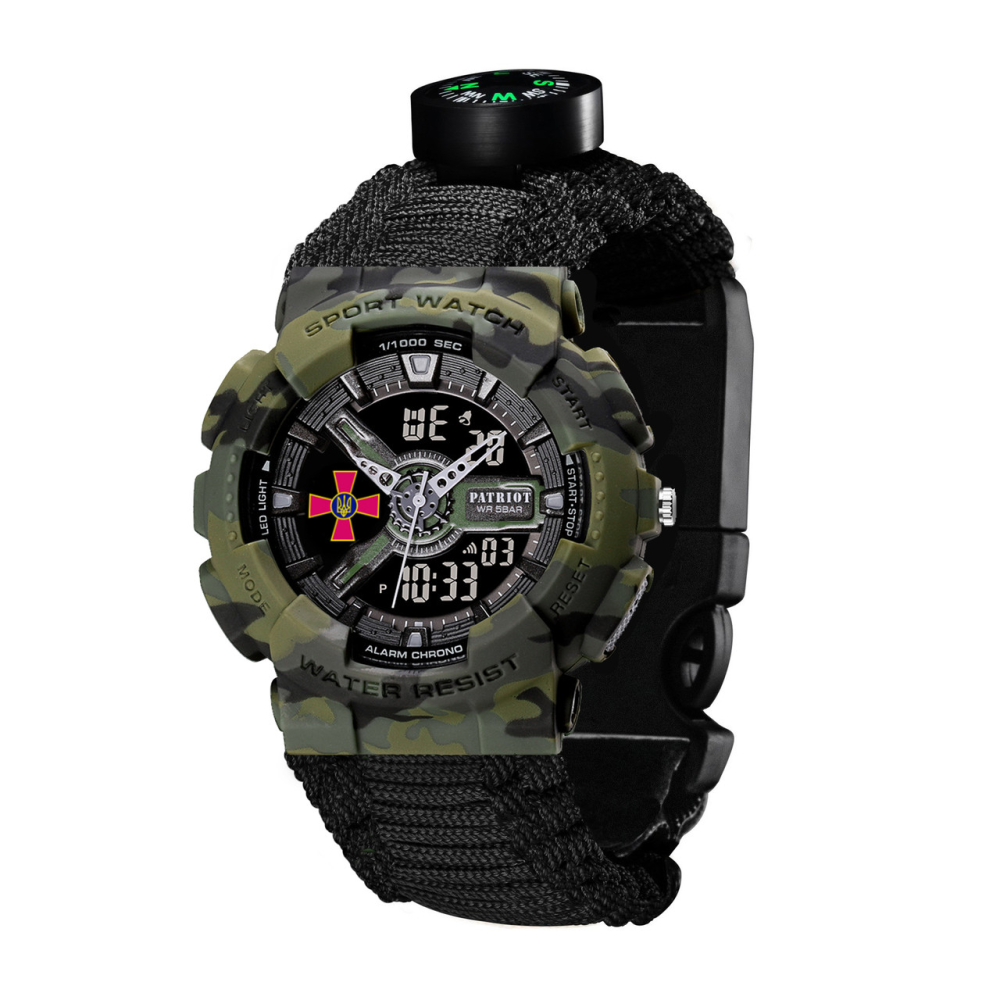 Годинник наручний Patriot 005CMGRSU ЗСУ Зелений камуфляж Паракордовий ремінець Black + Коробка