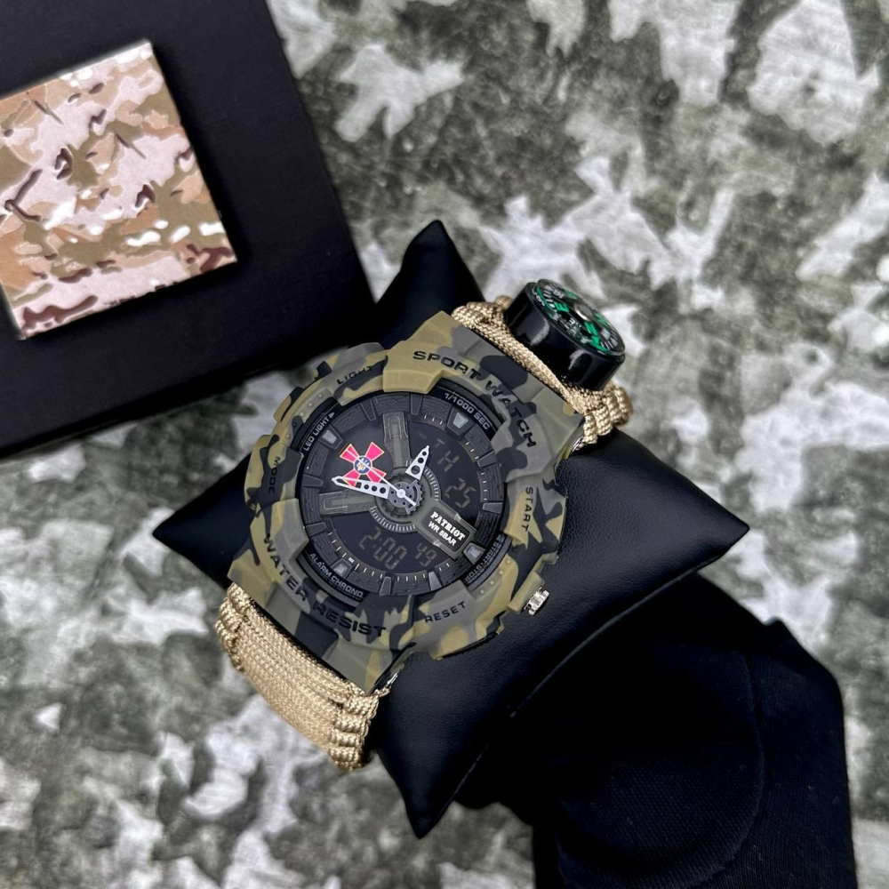 Годинник наручний Patriot 005CMGRSU ЗСУ Зелений камуфляж Паракордовий ремінець Khaki + Коробка.