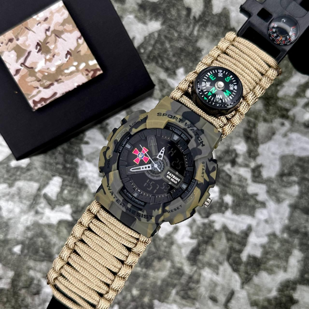 Годинник наручний Patriot 005CMGRSU ЗСУ Зелений камуфляж Паракордовий ремінець Khaki + Коробка.