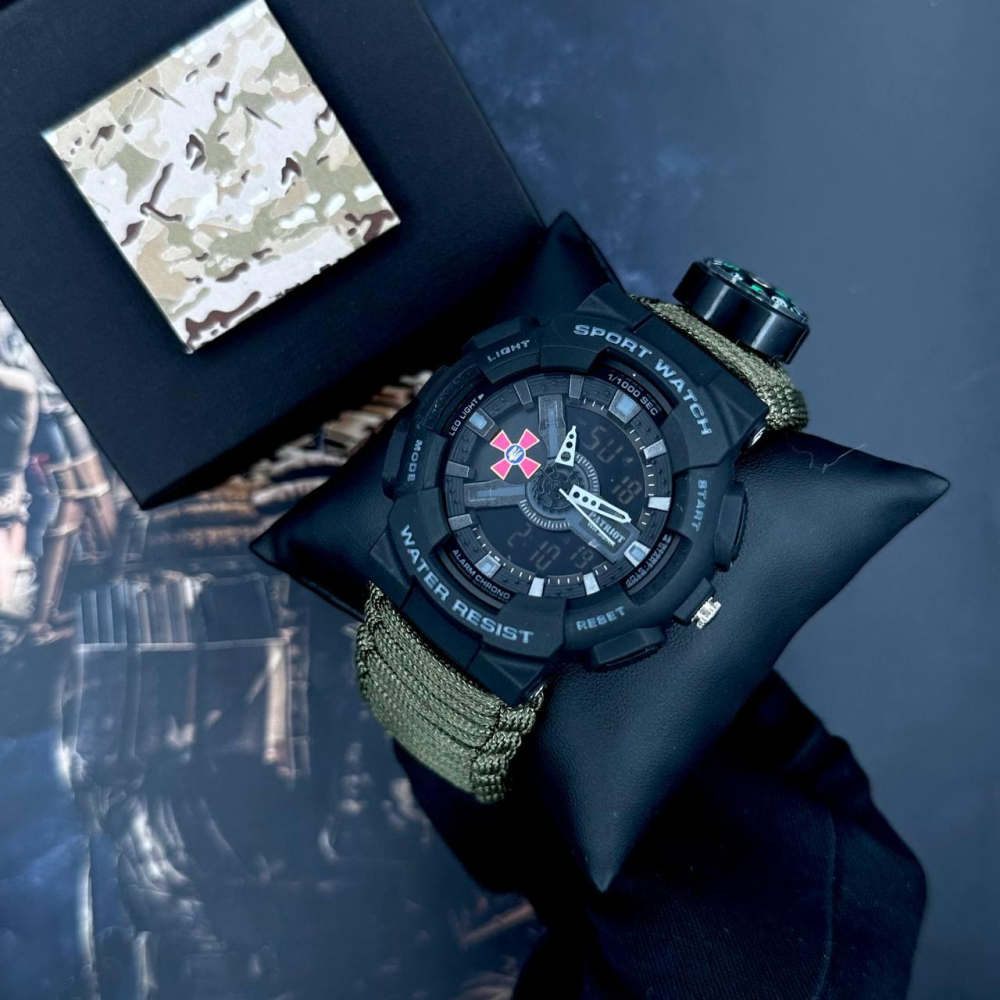 Годинник наручний Patriot 005BKSU ЗСУ Чорні Паракордовий ремінець Army Green + Коробка