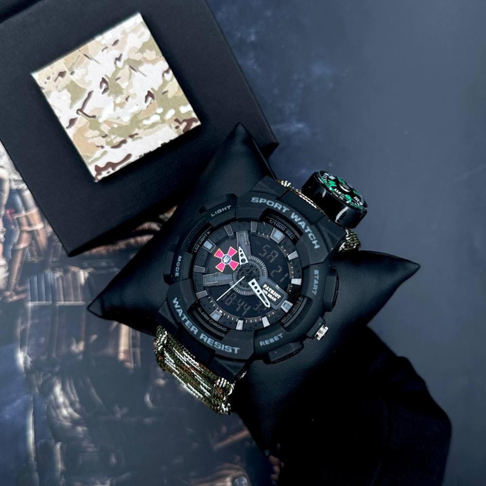 Годинник наручний Patriot 005BKSU ЗСУ Чорні Паракордовий ремінець Camo Green+ Коробка.