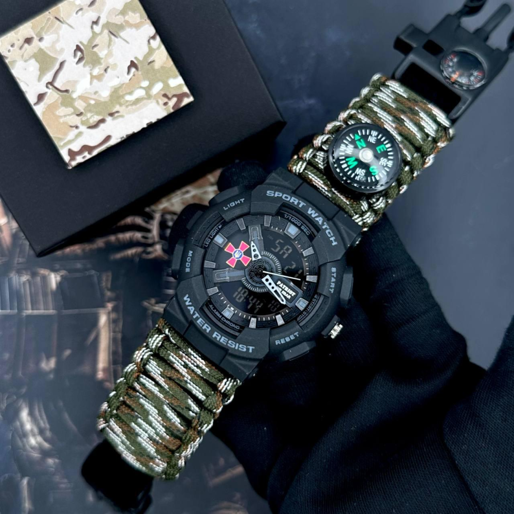 Годинник наручний Patriot 005BKSU ЗСУ Чорні Паракордовий ремінець Camo Green+ Коробка.