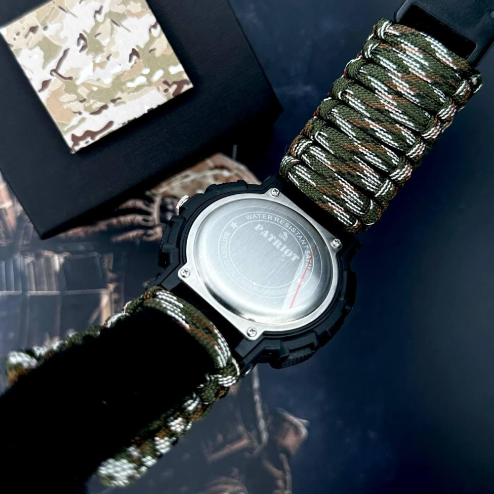 Годинник наручний Patriot 005BKSU ЗСУ Чорні Паракордовий ремінець Camo Green+ Коробка.