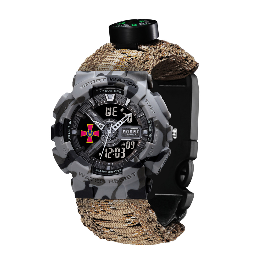 Годинник наручний Patriot 005CMGYSU ЗСУ Сірий камуфляж Паракордовий ремінець Desert Camo + Коробка