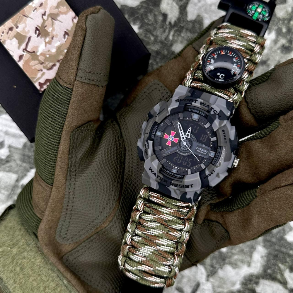 Годинник наручний Patriot 005CMGYSU ЗСУ Сірий камуфляж Паракордовий ремінець Camo Green + Коробка.