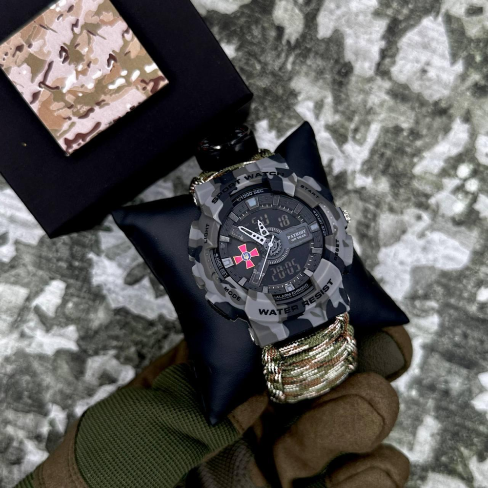 Годинник наручний Patriot 005CMGYSU ЗСУ Сірий камуфляж Паракордовий ремінець Camo Green + Коробка.