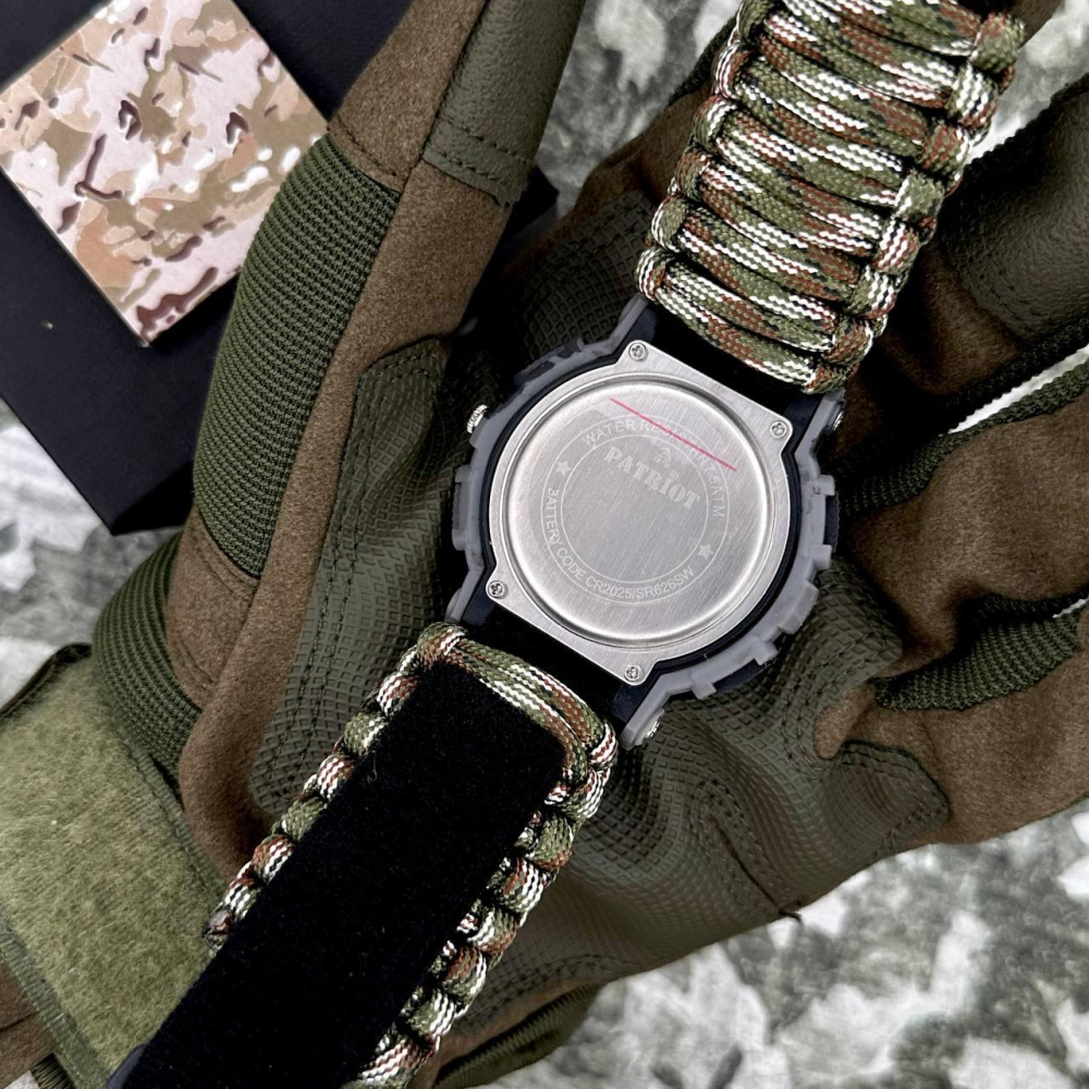 Годинник наручний Patriot 005CMGYSU ЗСУ Сірий камуфляж Паракордовий ремінець Camo Green + Коробка.