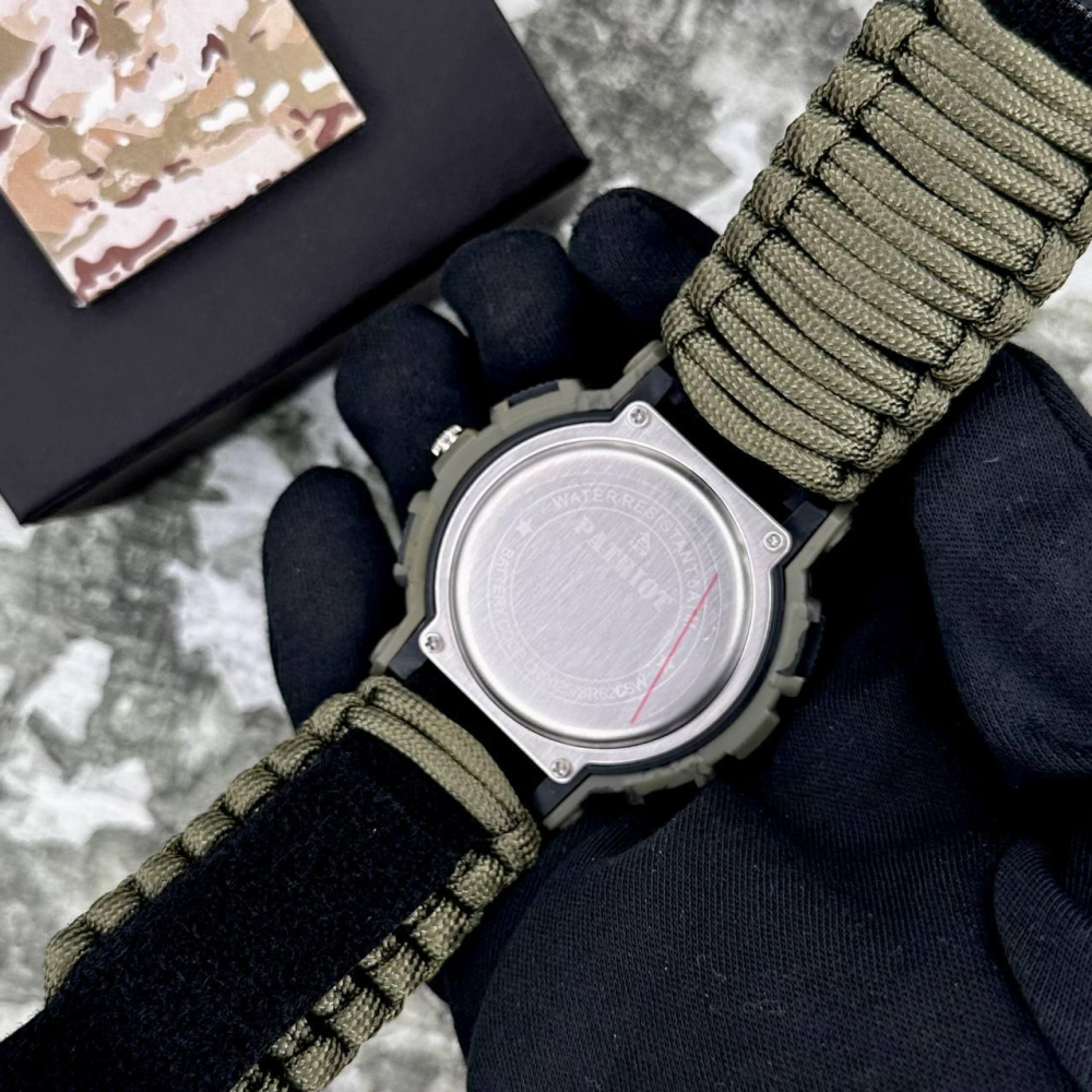 Годинник наручний Patriot 005CMGRSU ЗСУ Зелений камуфляж Паракордовий ремінець Army Green + Коробка.