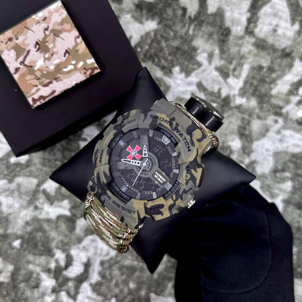 Годинник наручний Patriot 005CMGRSU ЗСУ Зелений камуфляж Паракордовий ремінець Camo Green + Коробка.
