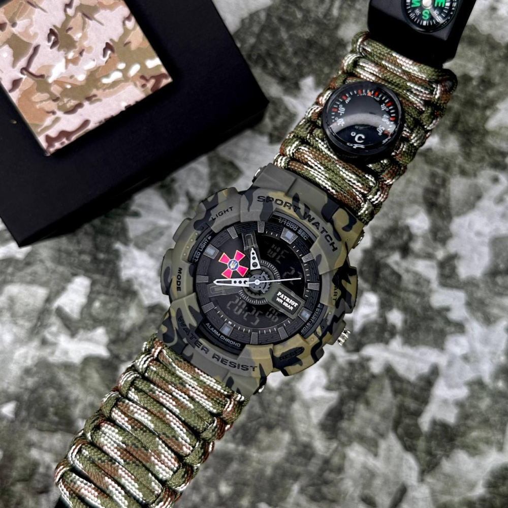 Годинник наручний Patriot 005CMGRSU ЗСУ Зелений камуфляж Паракордовий ремінець Camo Green + Коробка.
