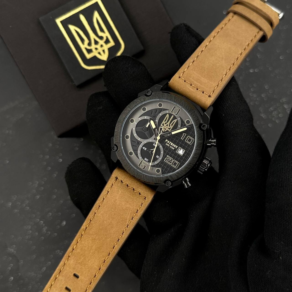 Годинник наручний Patriot 016 Black-Brown Тризуб золото