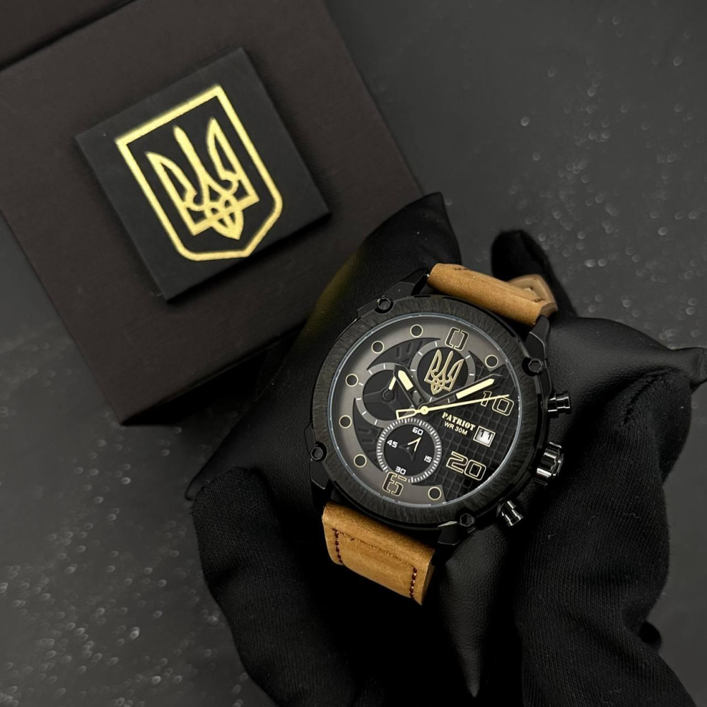 Годинник наручний Patriot 016 Black-Brown Тризуб золото