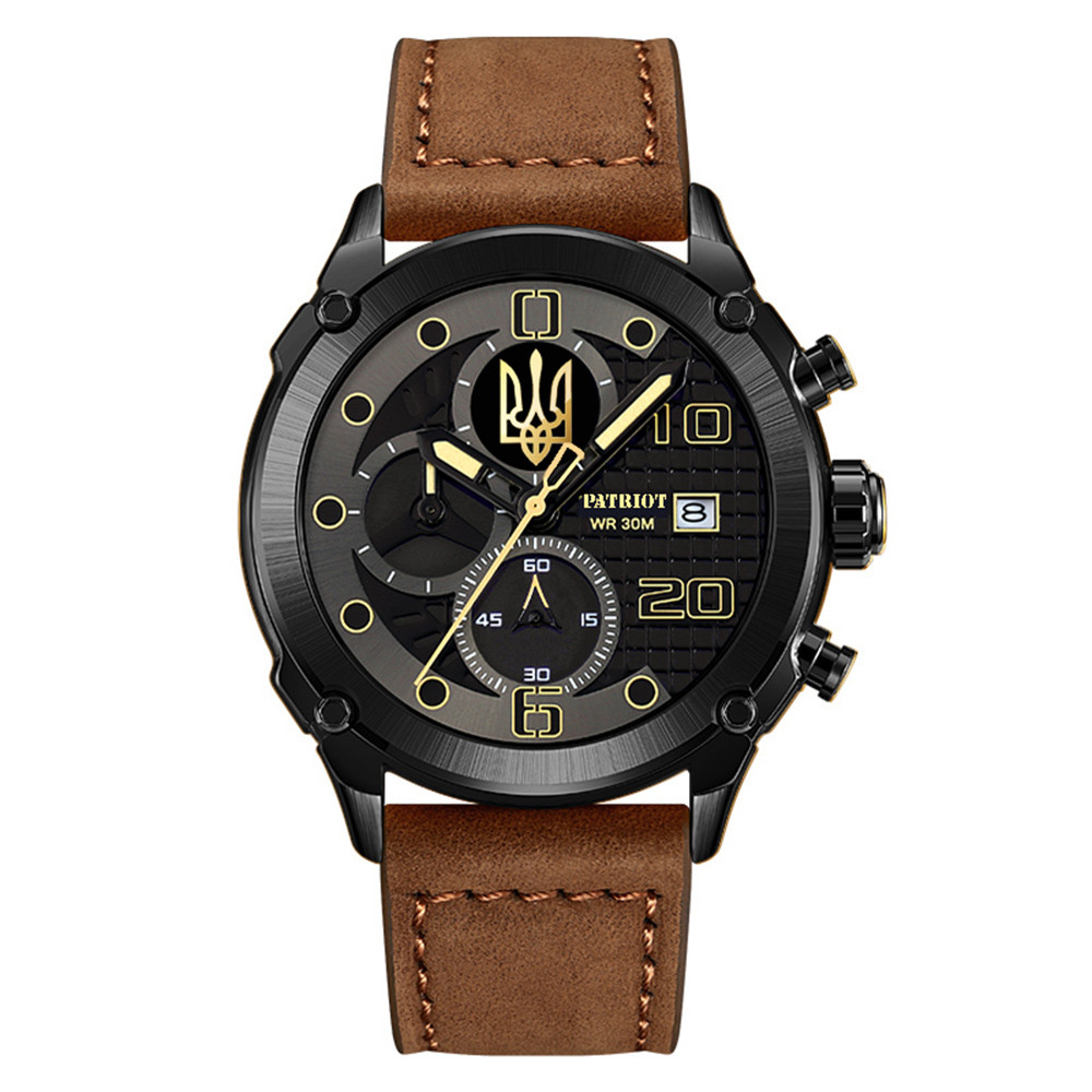 Годинник наручний Patriot 016 Black-Brown Тризуб золото