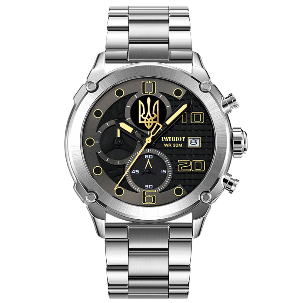Годинник наручний Patriot 016 Тризуб золото Silver-Black Steel