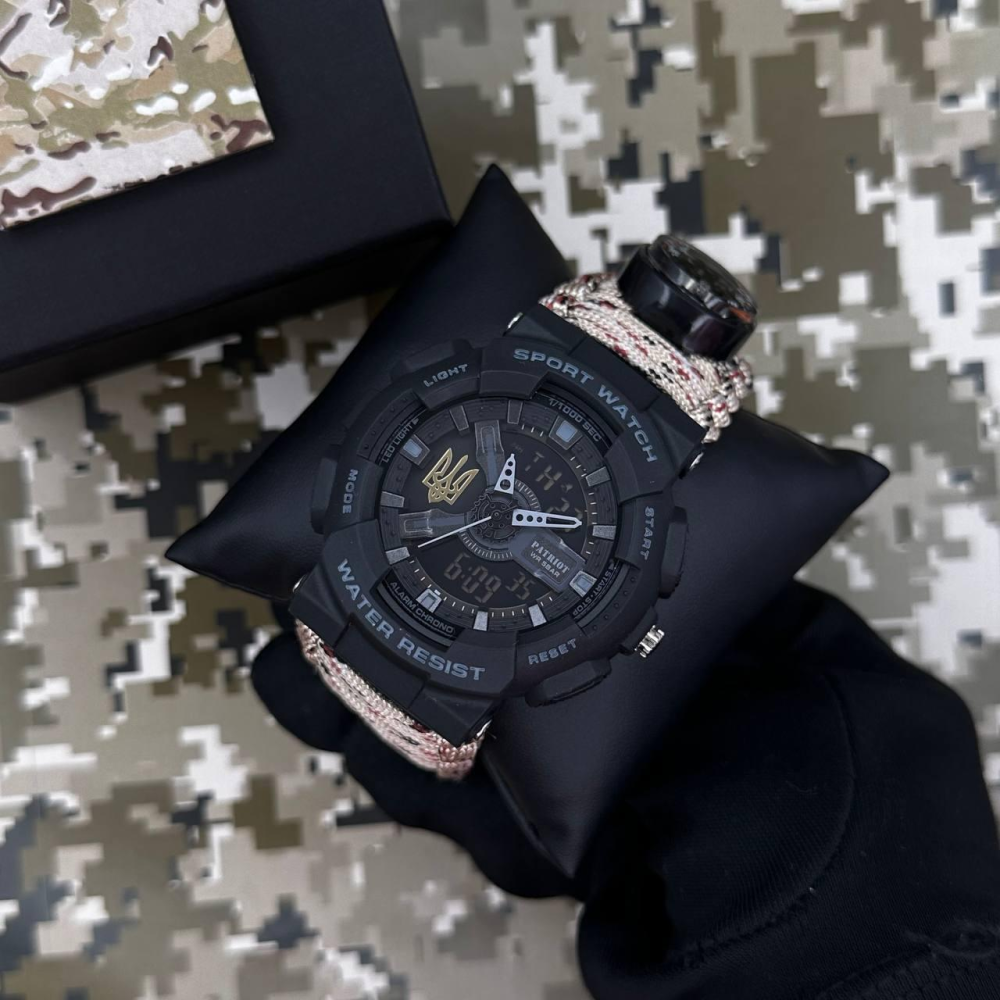 Годинник наручний Patriot 005 Тризуб золото Чорний Паракордовий ремінець Desert Camo + Коробка