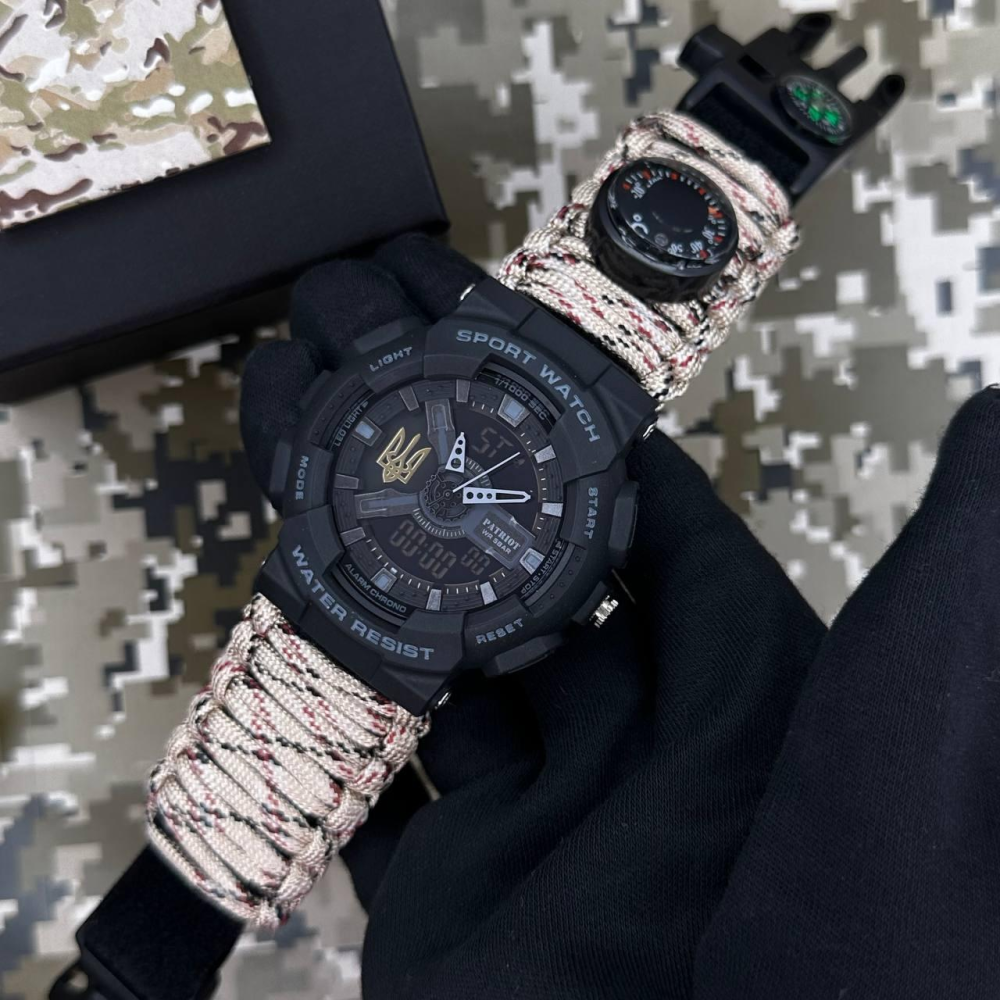 Годинник наручний Patriot 005 Тризуб золото Чорний Паракордовий ремінець Desert Camo + Коробка