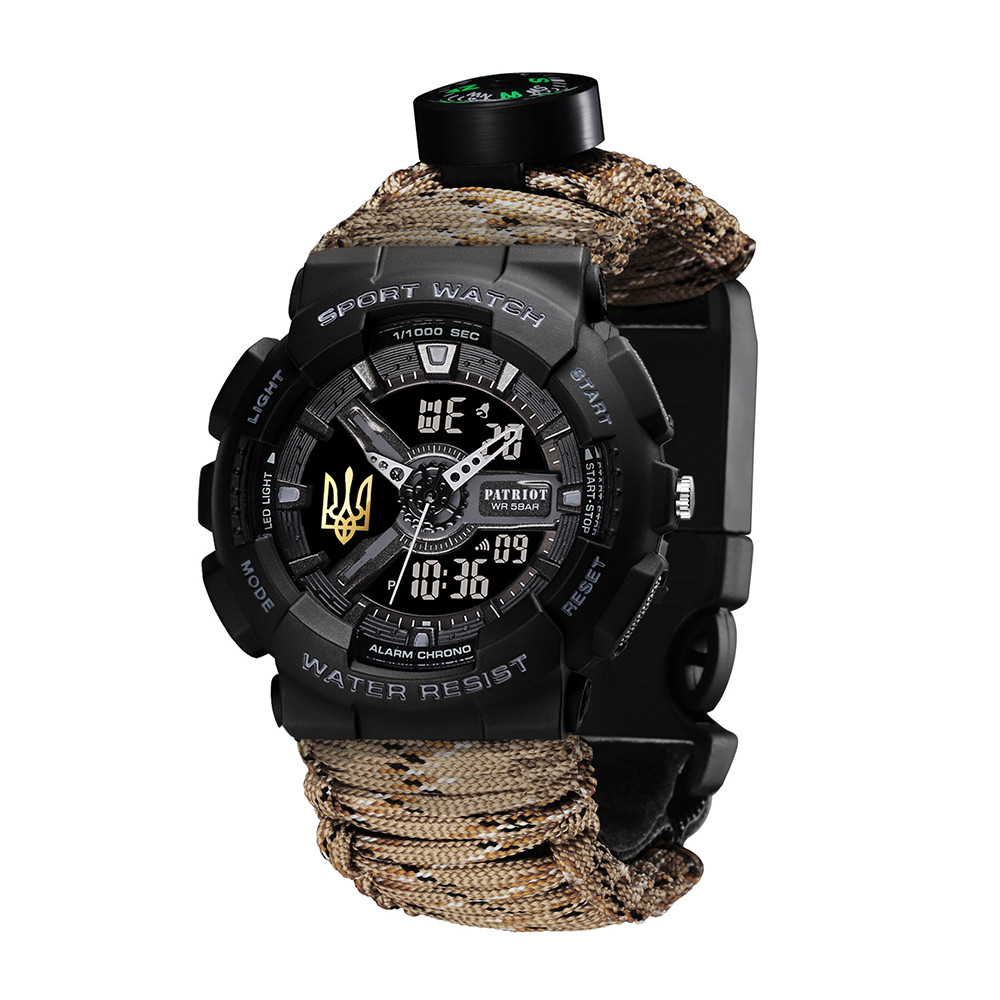 Годинник наручний Patriot 005 Тризуб золото Чорний Паракордовий ремінець Desert Camo + Коробка