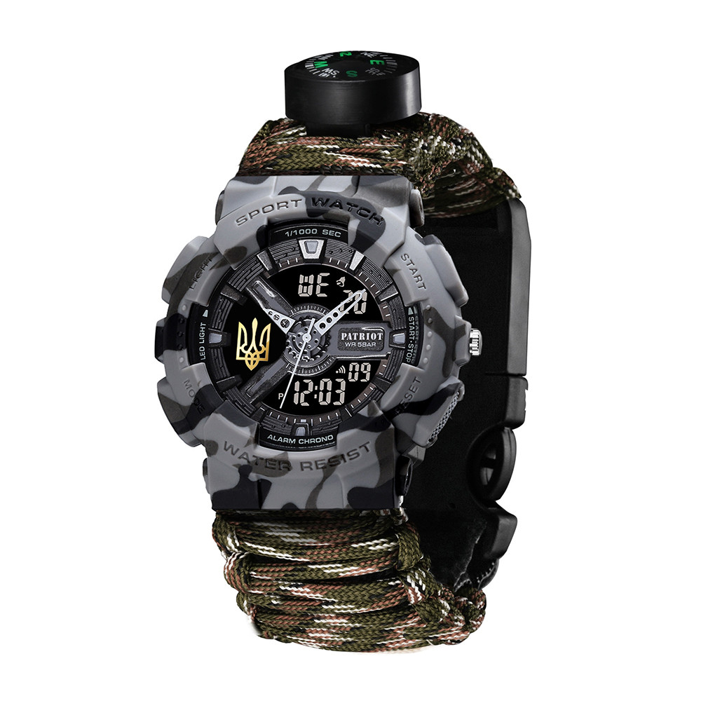 Годинник наручний Patriot 005 Тризуб золото Сірий камуфляж Паракордовий ремінець Camo Green+Коробка