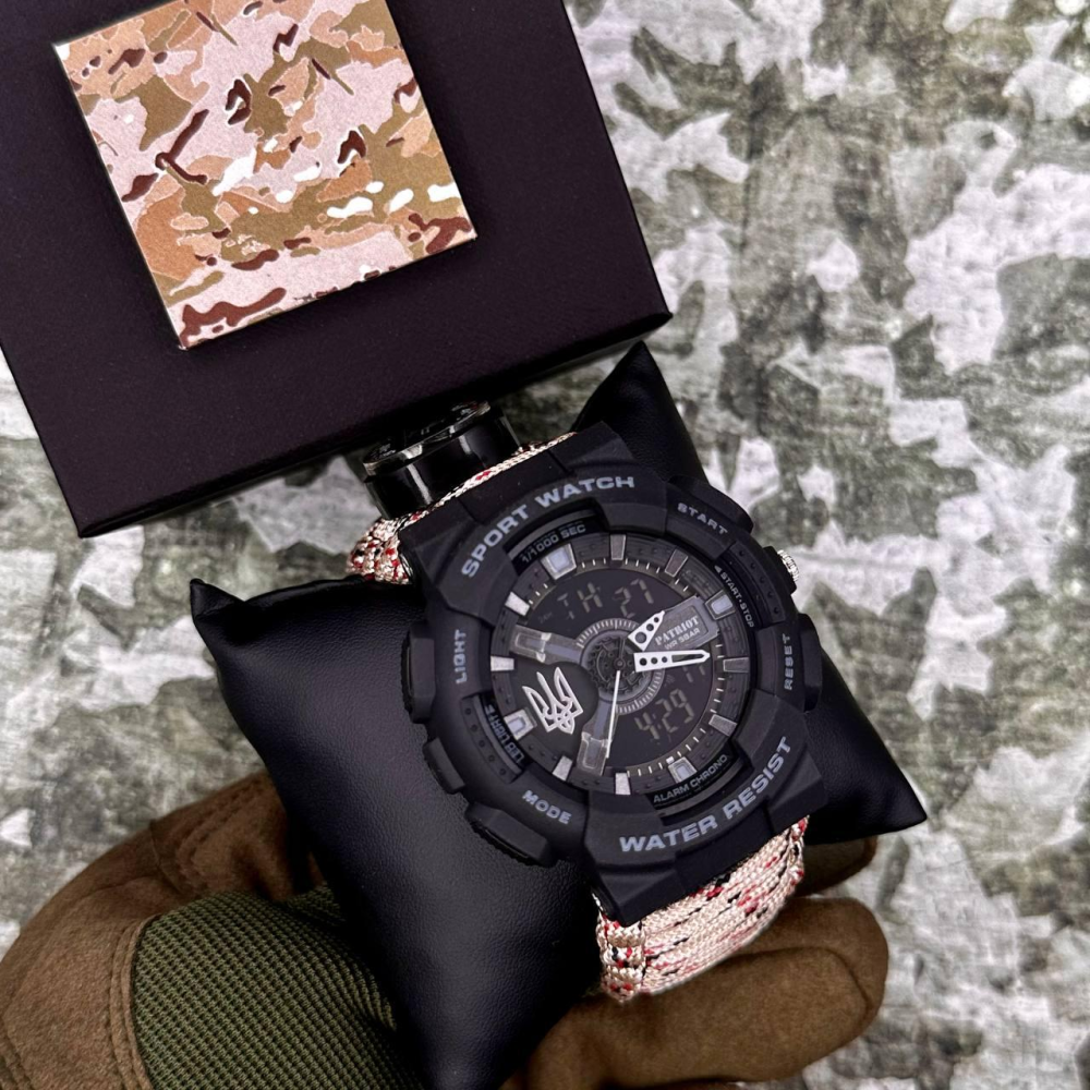 Годинник наручний Patriot 005 Тризуб срібло Чорний Паракордовий ремінець Desert Camo + Коробка