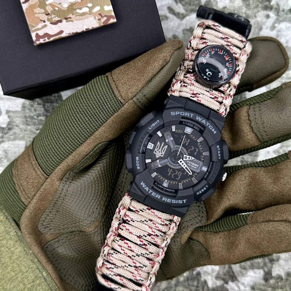 Годинник наручний Patriot 005 Тризуб срібло Чорний Паракордовий ремінець Desert Camo + Коробка