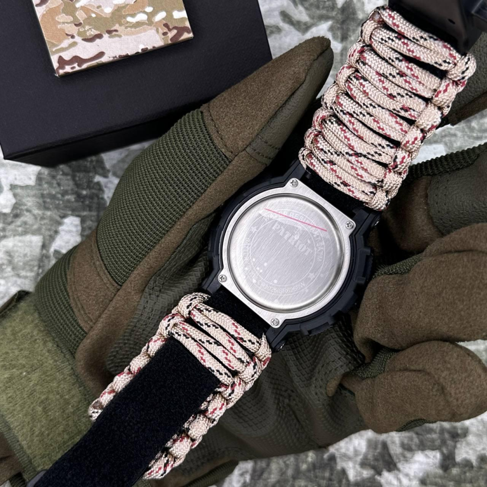 Годинник наручний Patriot 005 Тризуб срібло Чорний Паракордовий ремінець Desert Camo + Коробка