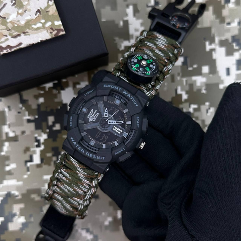 Годинник наручний Patriot 005 Тризуб срібло Чорний Паракордовий ремінець Camo Green + Коробка.