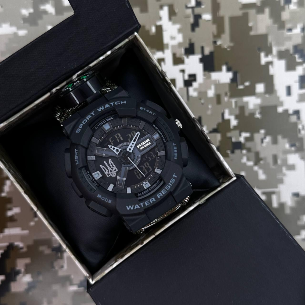 Годинник наручний Patriot 005 Тризуб срібло Чорний Паракордовий ремінець Camo Green + Коробка.