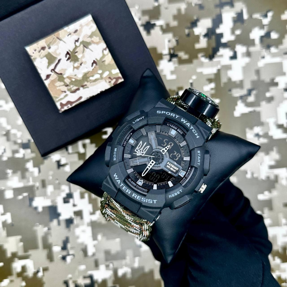 Годинник наручний Patriot 005 Тризуб срібло Чорний Паракордовий ремінець Camo Green + Коробка.
