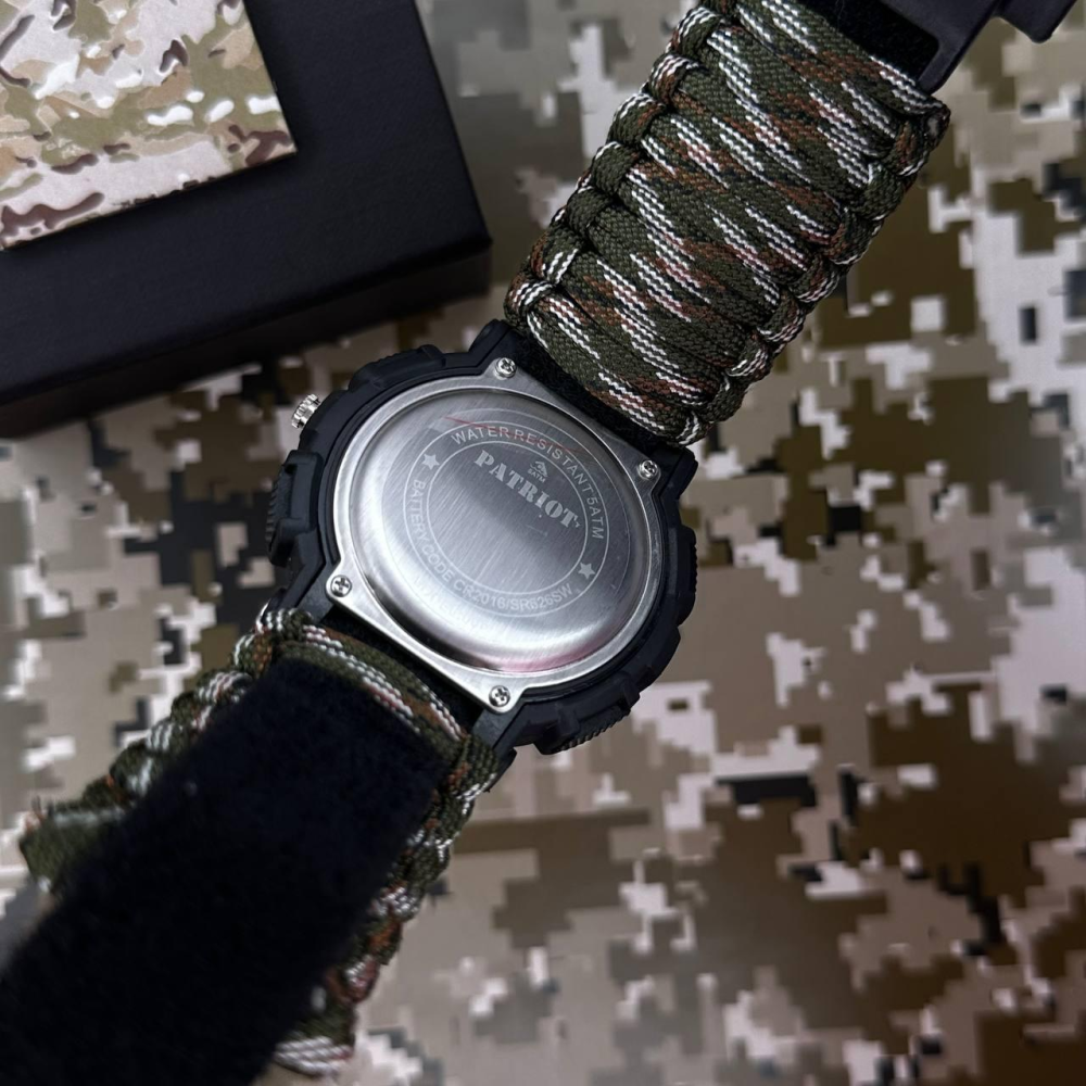 Годинник наручний Patriot 005 Тризуб срібло Чорний Паракордовий ремінець Camo Green + Коробка.
